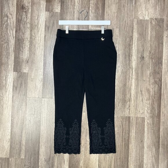 Ella Rafaella Black Crop Pants Size M Ornamental Embroidery Comfort Stretch Fit - Picture 3 of 7